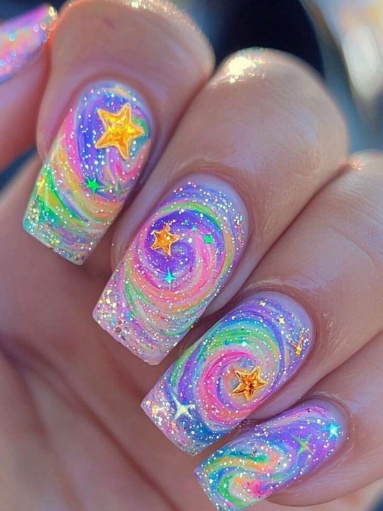 Other - Holographic Swirl Rainbow Nails with Gold Star Accents